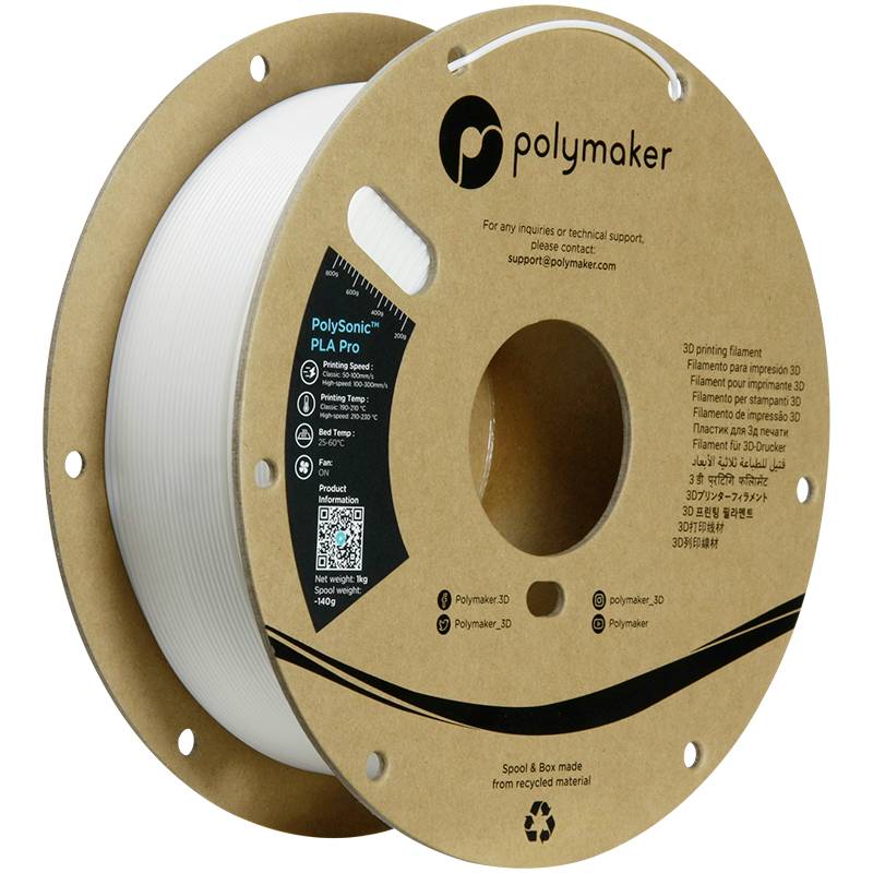 Spoel met wit 3D-printfilament van het merk Polymaker. Materiaaltype: PLA Pro. Bevat gerecyclede materialen.