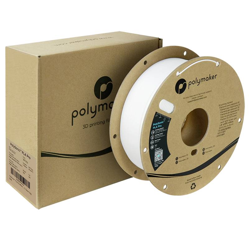 Witte filamentspoel en bruine kartonnen verpakking van het merk 'Polymaker', voor 3D-printen, met logo en productinformatie op de verpakking.