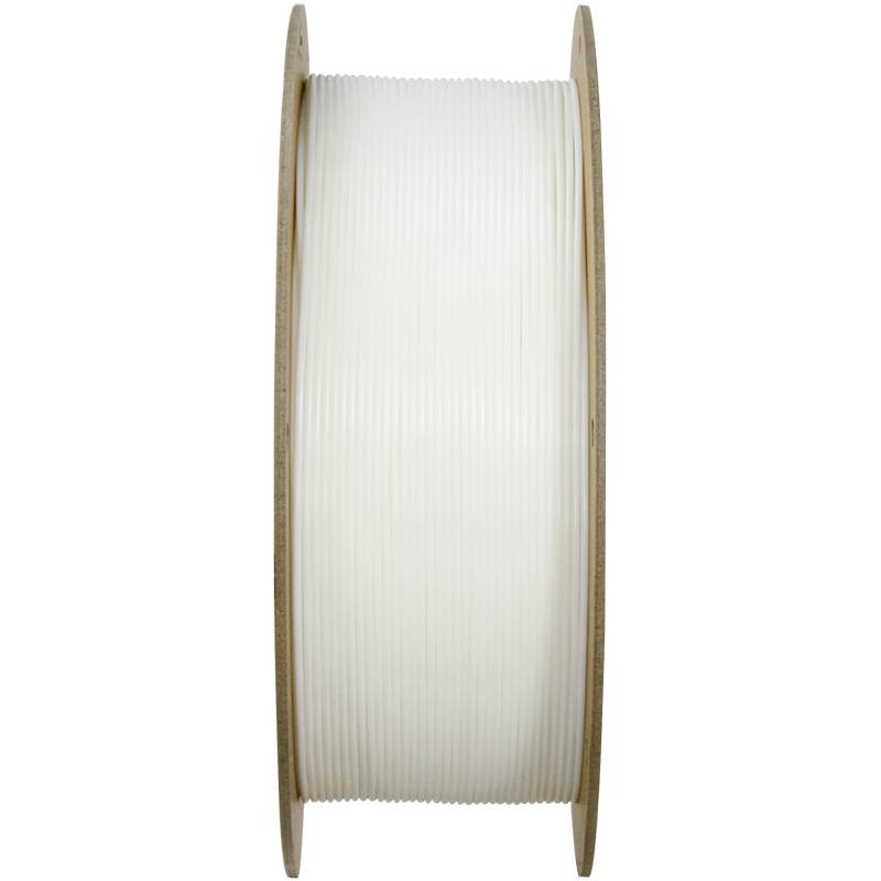 Plastic spoel, gevuld met wit filament voor 3D-printer, gefotografeerd van opzij.
