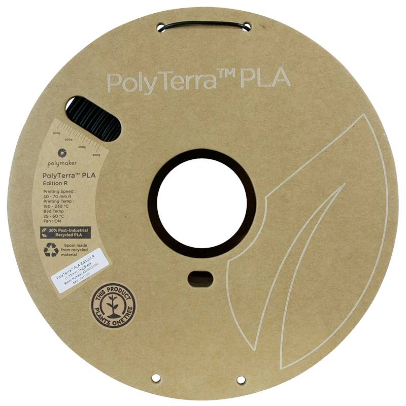 Cirkelvormige spoel met 3D-printerfilament van milieuvriendelijk materiaal. Verpakking toont 'PolyTerra PLA' en recycling-symbool.