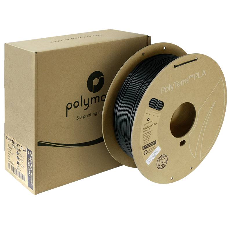 Een spoel zwart PolyTerra PLA-filament voor 3D-printers, naast de bijbehorende verpakking.