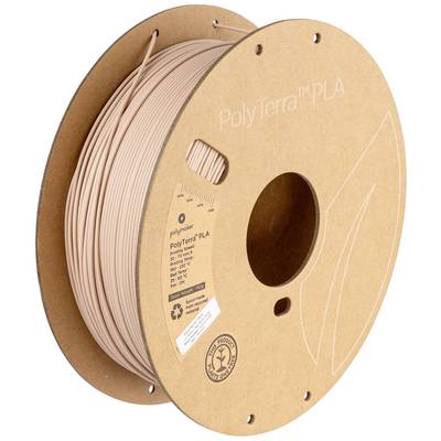 Spoel met PolyTerra PLA 3D-printerfilament in beige. Verpakt in milieuvriendelijke kartonnen verpakking met recyclinglogo, met speciale vermelding: 'PolyTerra PLA'.