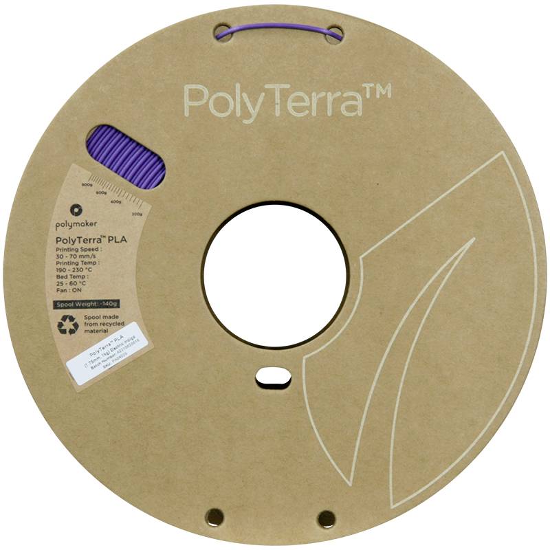 Een spoel PolyTerra™ PLA-filament van Polymaker, kleur Lavendel. De spoel is vervaardigd uit duurzaam karton.
