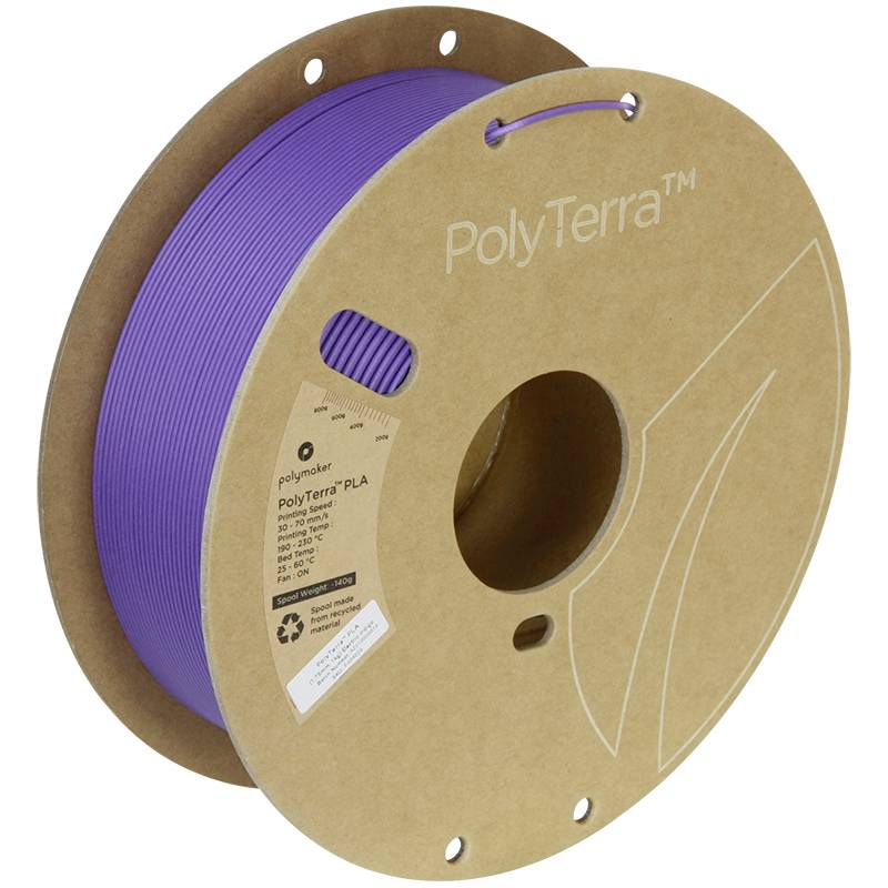 Lila rol met 3D-printerfilament van biologisch afbreekbaar PLA-materiaal, merk 'PolyTerra' op kartonspoel.