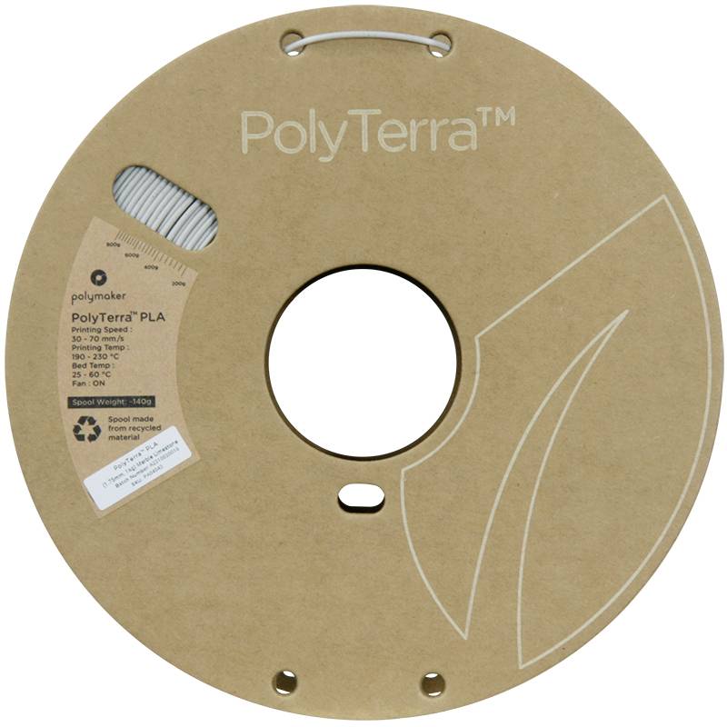Een spoel PolyTerra PLA-filament van Polymaker, gemaakt van gerecycled karton met een venster om het filament te bekijken en het logo op de voorkant.