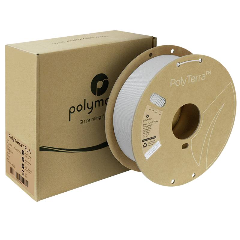 3D-printfilament PolyTerra PLA in een kartonnen verpakking. Kartonnen spoel met wit filament, ideaal voor milieuvriendelijk printen.