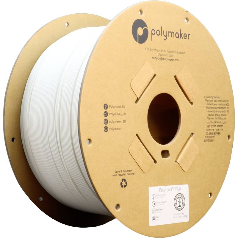 Een spoel PolyTerra PLA Filament van Polymaker, kleur Wit, met recyclebaar karton. Geschikt voor milieuvriendelijk 3D-printen.
