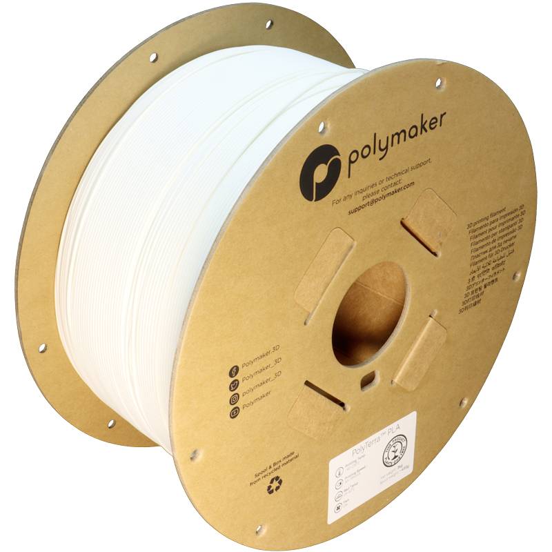 Witte filamentspoel voor 3D-printer van Polymaker, gemaakt van PLA-materiaal.