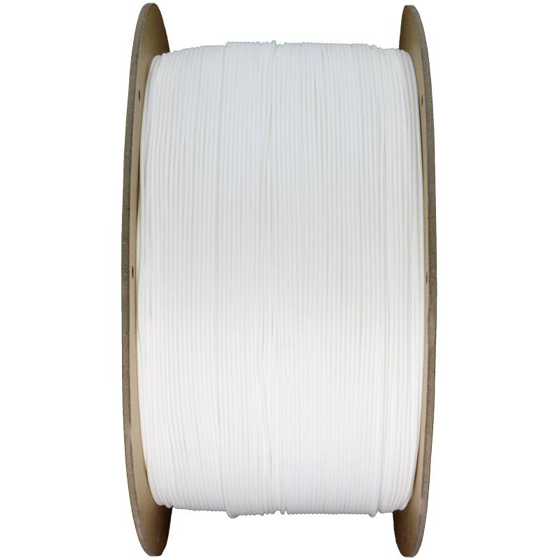Rol met wit filament voor 3D-printer, gewikkeld op een houten spoel.