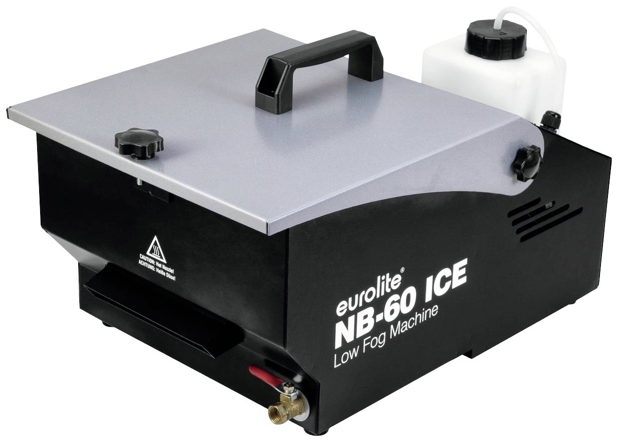 Rookmachine 'Eurolite NB-60 ICE' met handgreep, zwarte behuizing en witte vloeistoftank, geschikt voor podium- en evenementgebruik.