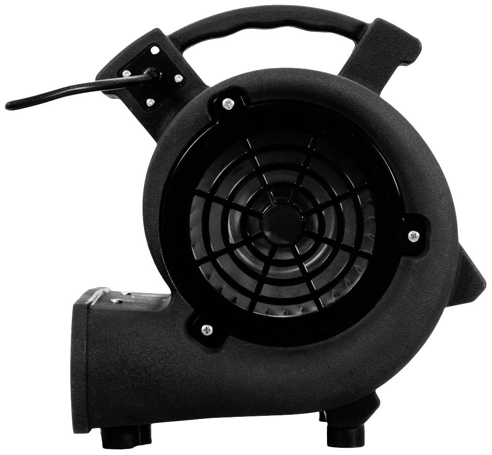 Een zwarte ventilator die wordt gebruikt voor ventilatie of droging, geplaatst op een vlak oppervlak.