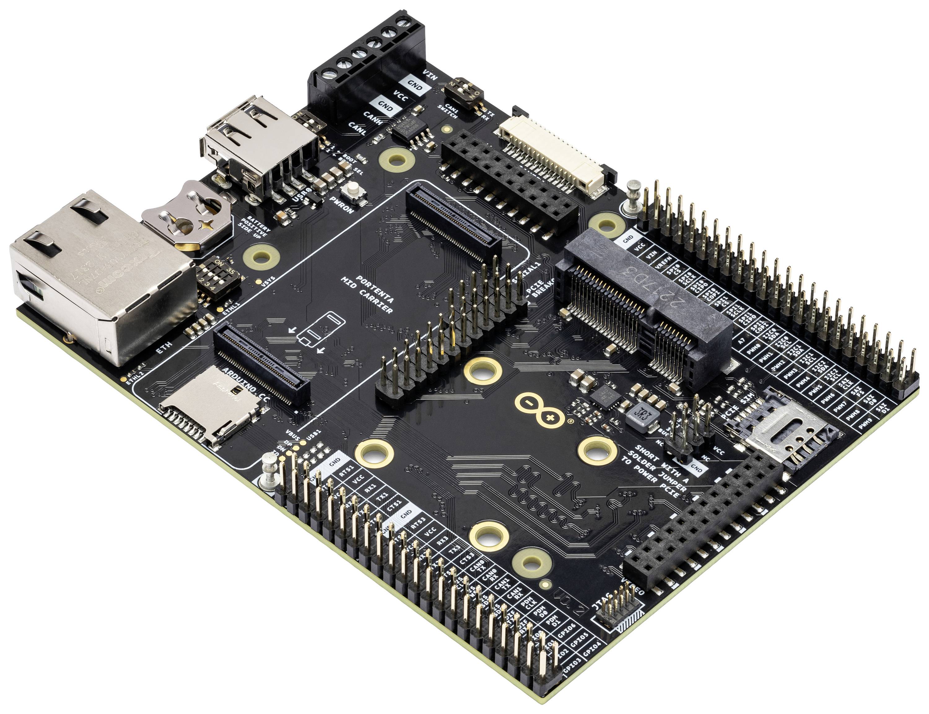 Arduino-ontwikkelingskaart met verschillende aansluitingen en componenten voor hardwareontwikkeling en prototyping.