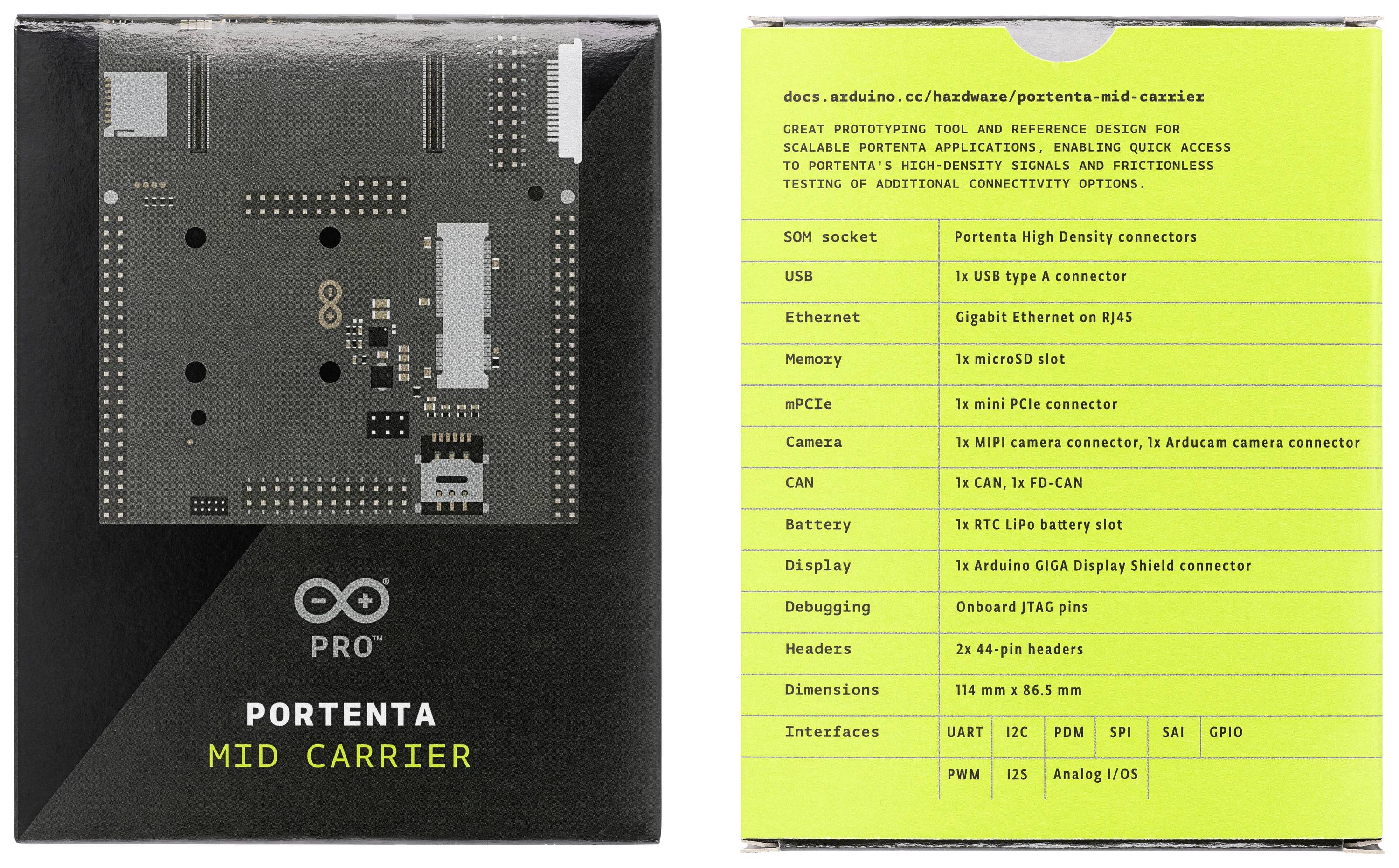 'Portenta Mid Carrier' Pakketdoos met afbeelding van het bord. Tekst beschrijft technische details over aansluitingen, interfaces en functies.