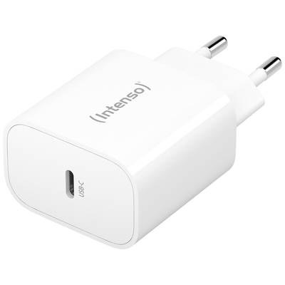 Een wit USB-C-oplaadapparaat met twee ronde stekkerpennen, waarop 'Intenso' staat.