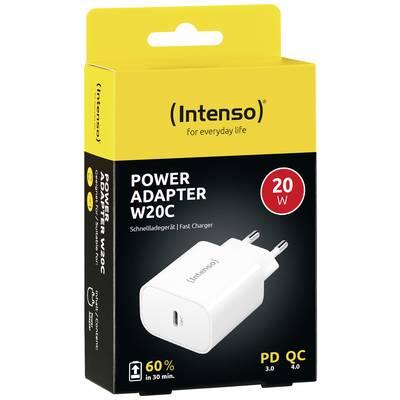 Geel en zwart verpakkingsontwerp voor een 'Intenso Power Adapter W20C' met 20W. Snellader, poort zichtbaar, PD 3.0, QC 4.0.
