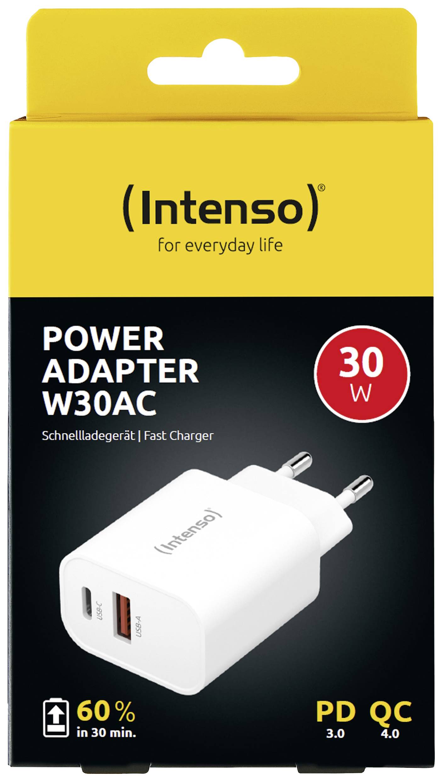 'Ladeadapter Intenso W30AC, 30W snelllaadapparaat, met USB-C- en USB-A-aansluitingen. Belooft 60% oplading in 30 minuten.'