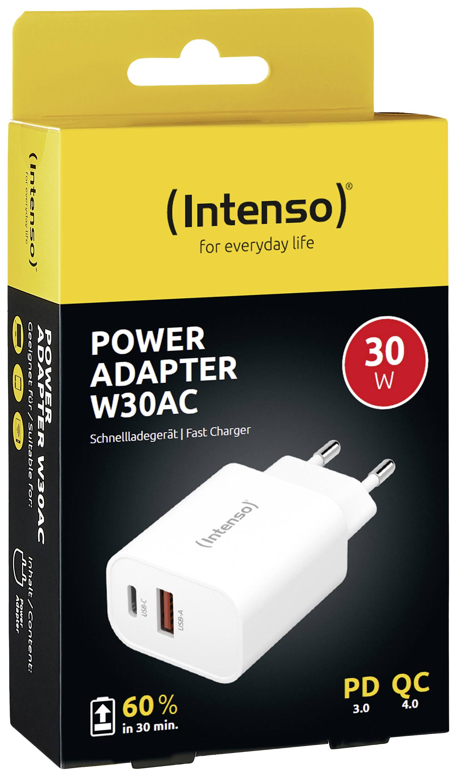 Gele verpakking van een 'Intenso' snellader, 30 W vermogen, met afgebeelde witte adapter. Vermelding van 60% sneller opladen.