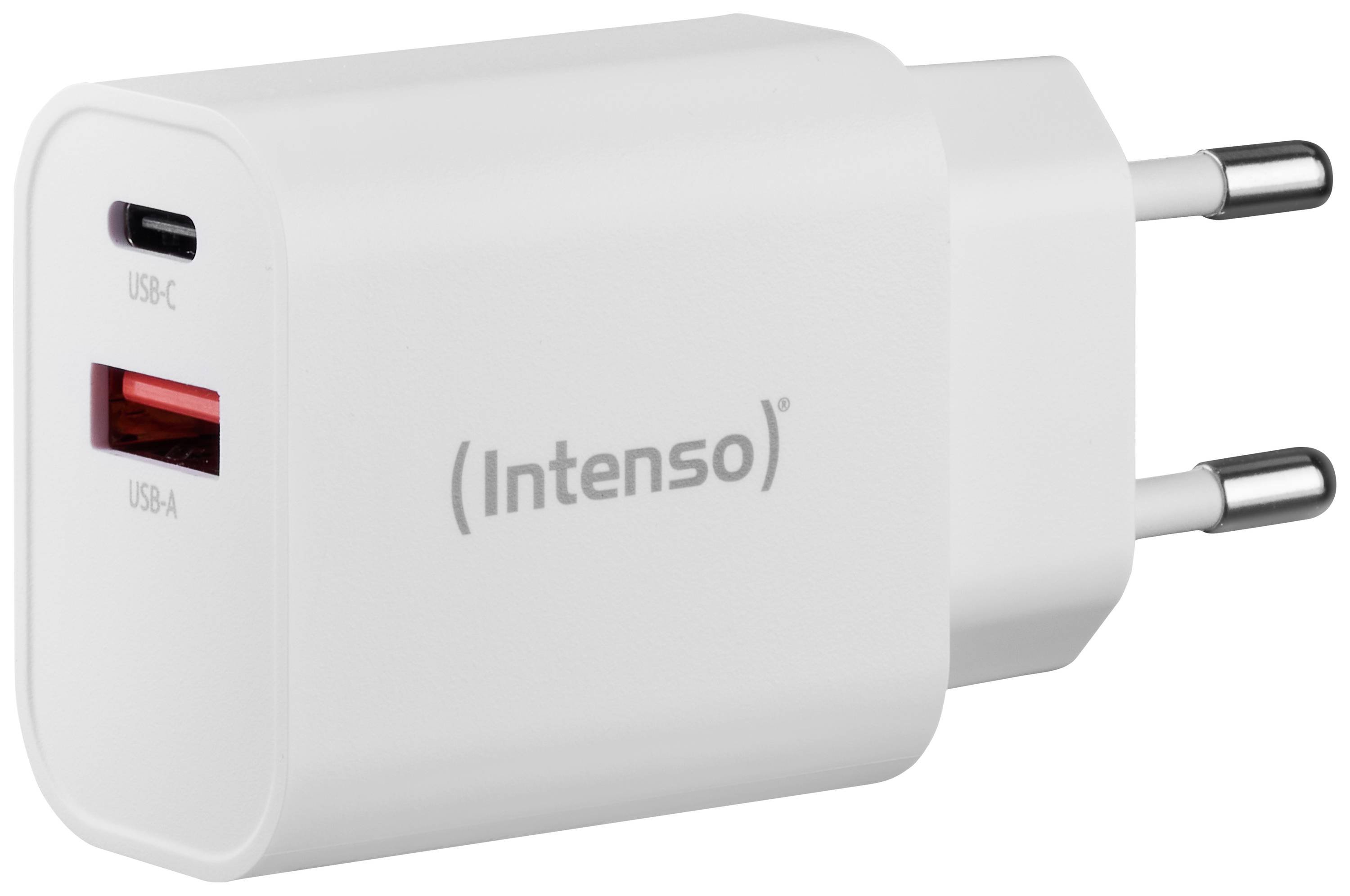Wit Intenso-oplader met twee USB-poorten, namelijk een USB-C- en een USB-A-poort, evenals een Europese stekker.