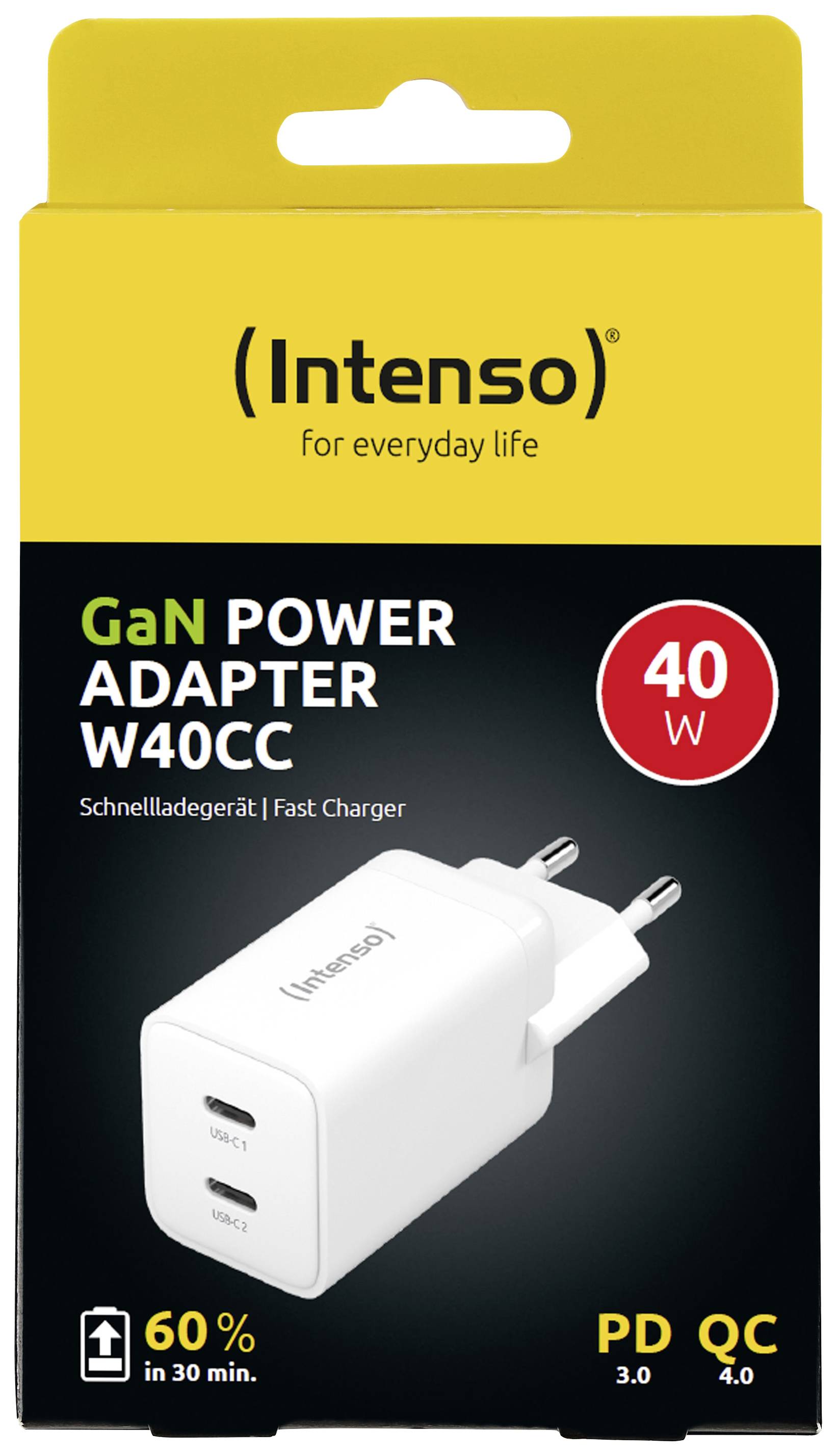 'Intenso GaN Power Adapter W40CC' verpakking met gele achtergrond, 40 W vermogen, met snellaadondersteuning PD 3.0 en QC 4.0.