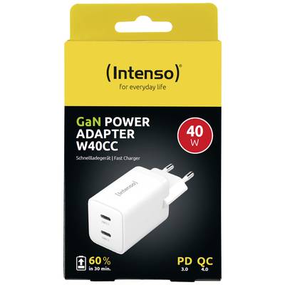 'Intenso GaN Power Adapter W40CC' verpakking met gele achtergrond, 40 W vermogen, met snellaadondersteuning PD 3.0 en QC 4.0.