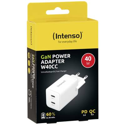 GaN-snellader 'Intenso W40CC', 40W, 60% oplading in 30 min., Dual-USB-C, PD 3.0, QC 4.0, verpakking in geel en zwart.