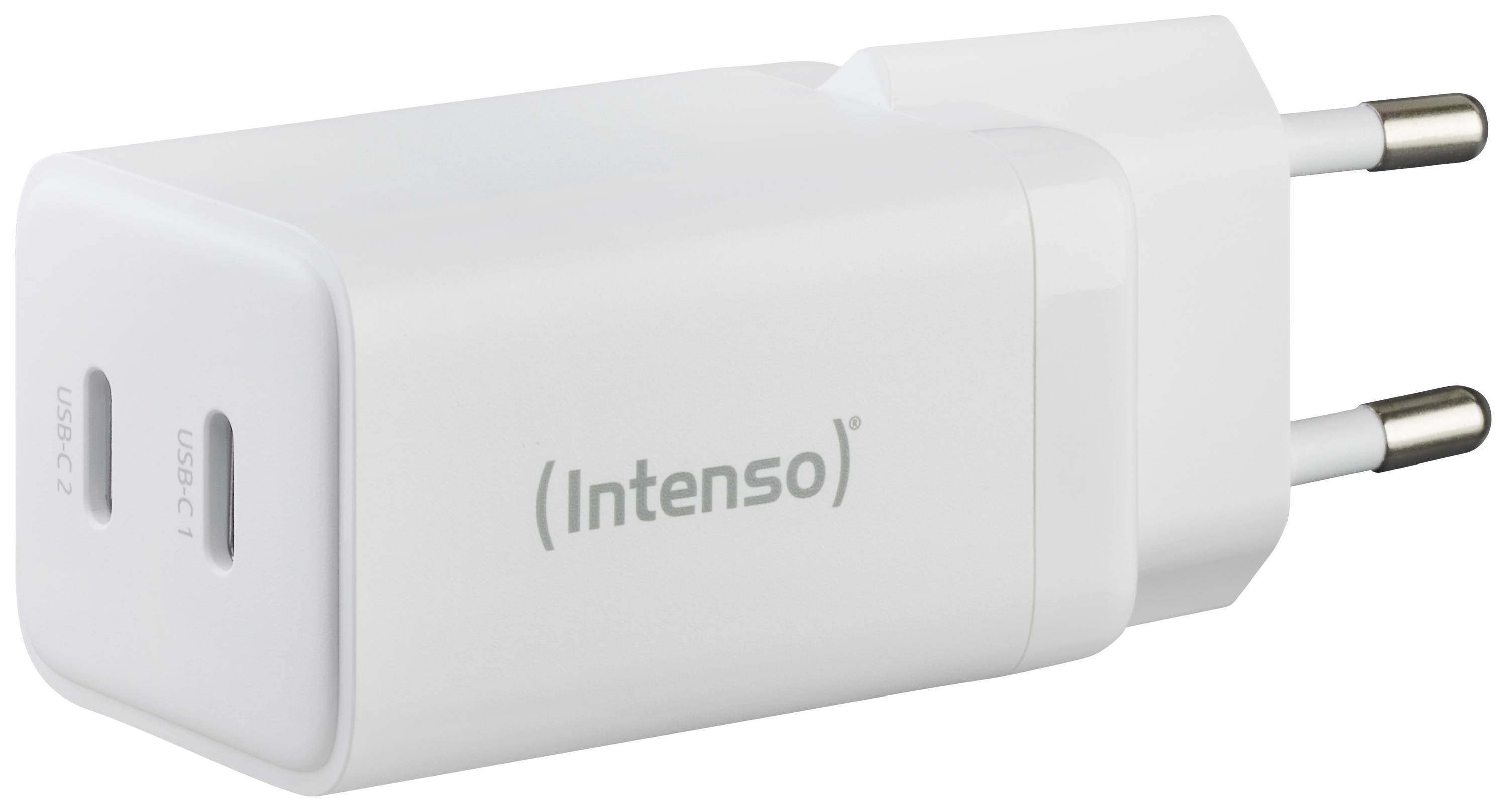 Wit laadapparaat van het merk 'Intenso' met twee USB-poorten.