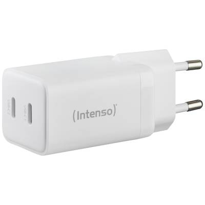 Wit laadapparaat van het merk 'Intenso' met twee USB-poorten.
