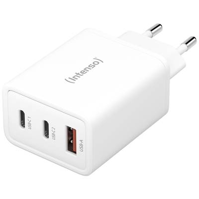 Een wit oplaadapparaat met twee USB-C-poorten en een USB-A-poort. Merknaam 'Intenso' op de bovenkant.