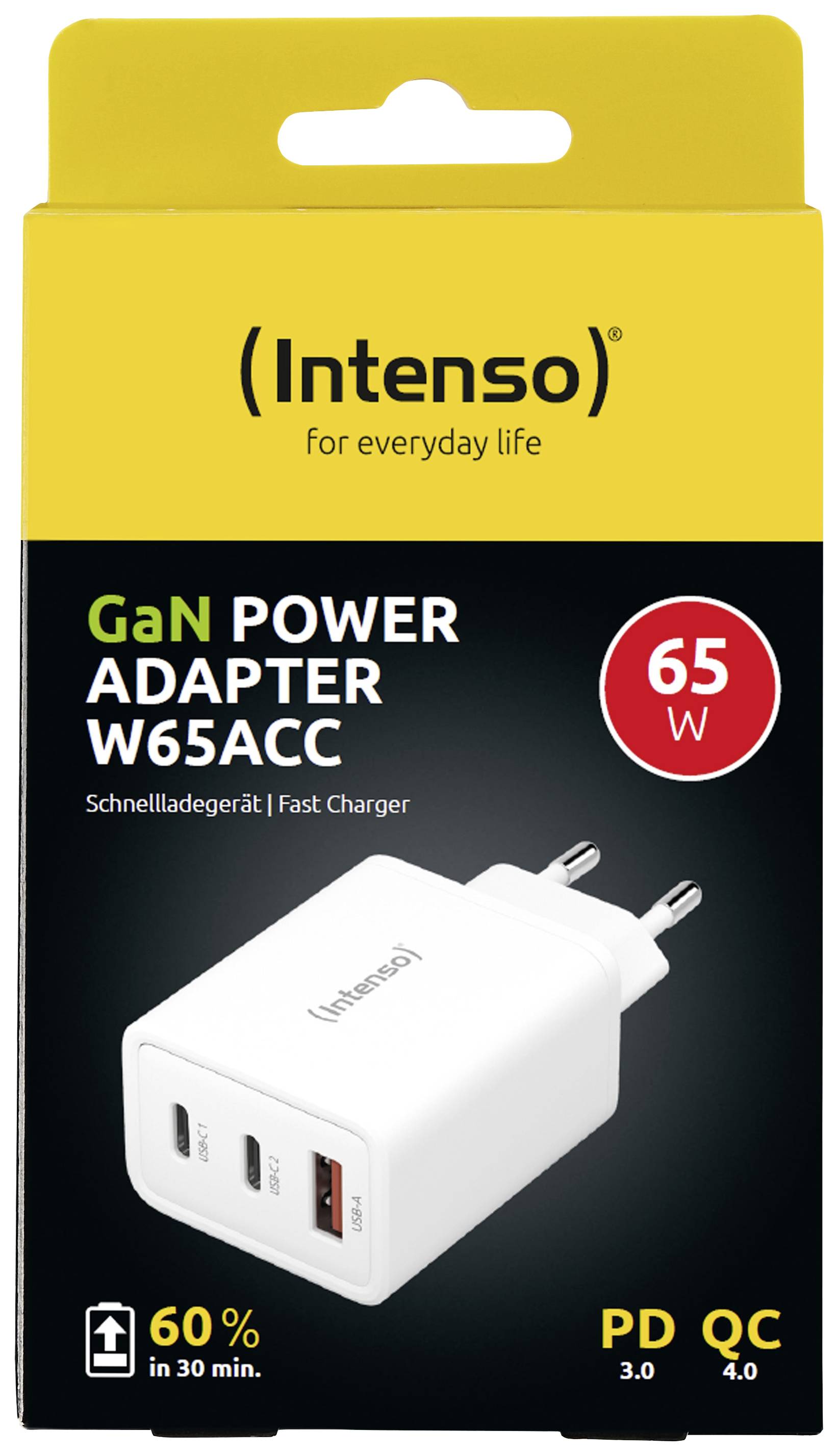 Gele verpakking van een Intenso GaN Power Adapter W65ACC. Toont een wit laadapparaat met drie aansluitingen. 65 Watt, snellader.