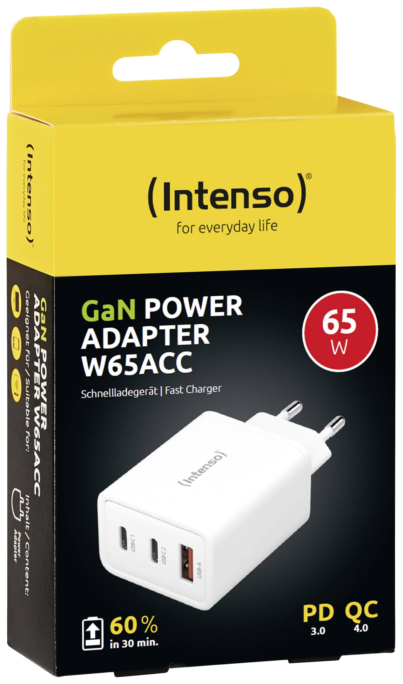 Gele karton met het opschrift 'Intenso GaN Power Adapter W65ACC'. Bevat een witte oplader met USB-C- en USB-A-poorten.