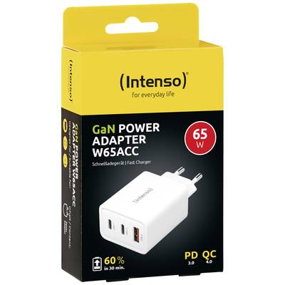 Gele karton met het opschrift 'Intenso GaN Power Adapter W65ACC'. Bevat een witte oplader met USB-C- en USB-A-poorten.