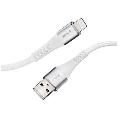 'USB naar Lightning-kabel van Intenso, wit, met versterkte aansluiting, geschikt voor het opladen of synchroniseren van Apple-apparaten.'