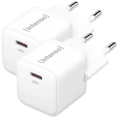 Twee witte USB-C-netadapters van 'Intenso' met Europese stekker, geschikt voor het opladen van apparaten.