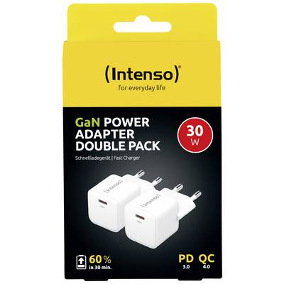 'Intenso GaN Power Adapter Dubbelpak, 30 W oplader. 60% in 30 min. PD 3.0 en QC 4.0 compatibel.'
