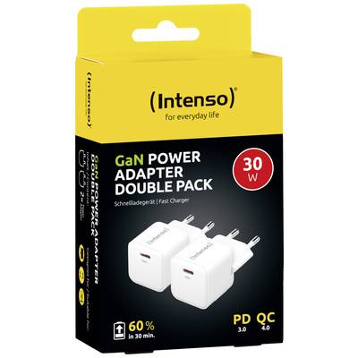 Een gele verpakking toont twee witte GaN-opladers van Intenso met de aanduiding '30W', 'PD', 'QC'. Snel opladen in 30 minuten.