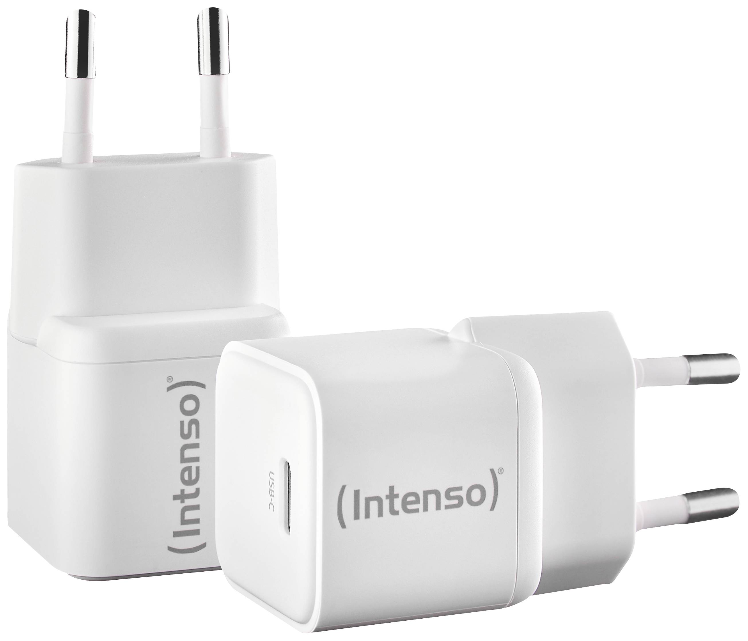 Drie witte USB-opladers van het merk 'Intenso', waarbij de steekcontacten zichtbaar zijn. Ze staan naast elkaar opgesteld.