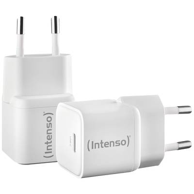 Drie witte USB-opladers van het merk 'Intenso', waarbij de steekcontacten zichtbaar zijn. Ze staan naast elkaar opgesteld.
