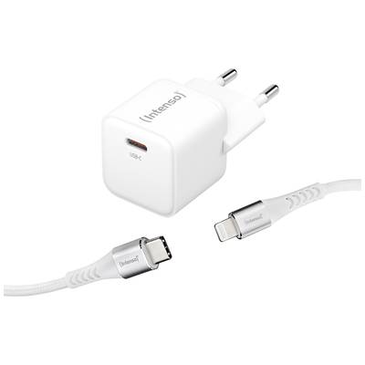 Voedingsadapter met USB-C-aansluiting en twee kabels, één met USB-C en één met Lightning-connector. Geschikt voor verschillende apparaten.