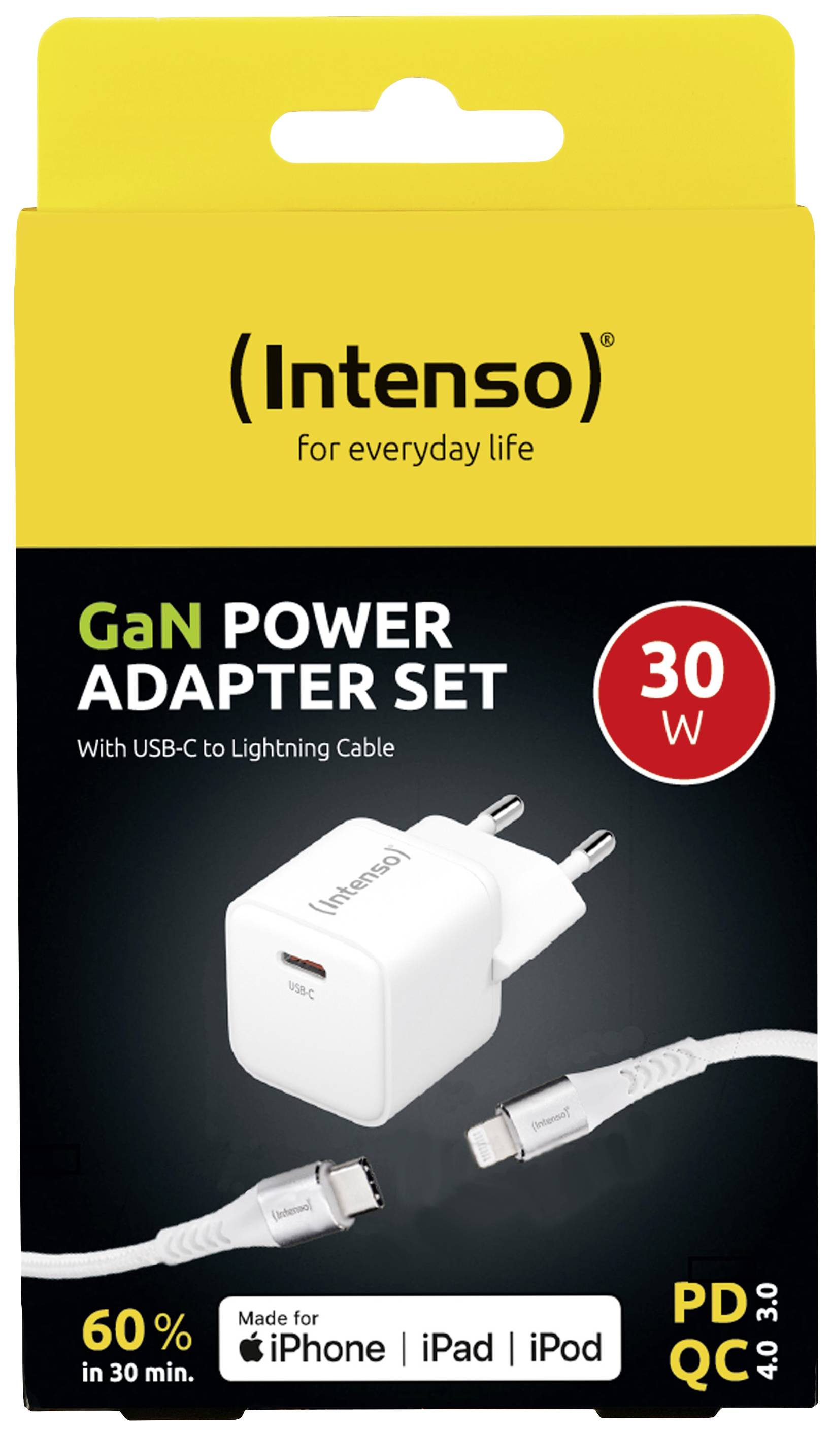 Intenso GaN Power Adapter Set, 30 W met USB-C naar Lightning-kabel, geschikt voor iPhone, iPad, iPod, laadt 60% op in 30 minuten.