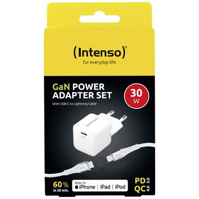 Intenso GaN Power Adapter Set, 30 W met USB-C naar Lightning-kabel, geschikt voor iPhone, iPad, iPod, laadt 60% op in 30 minuten.