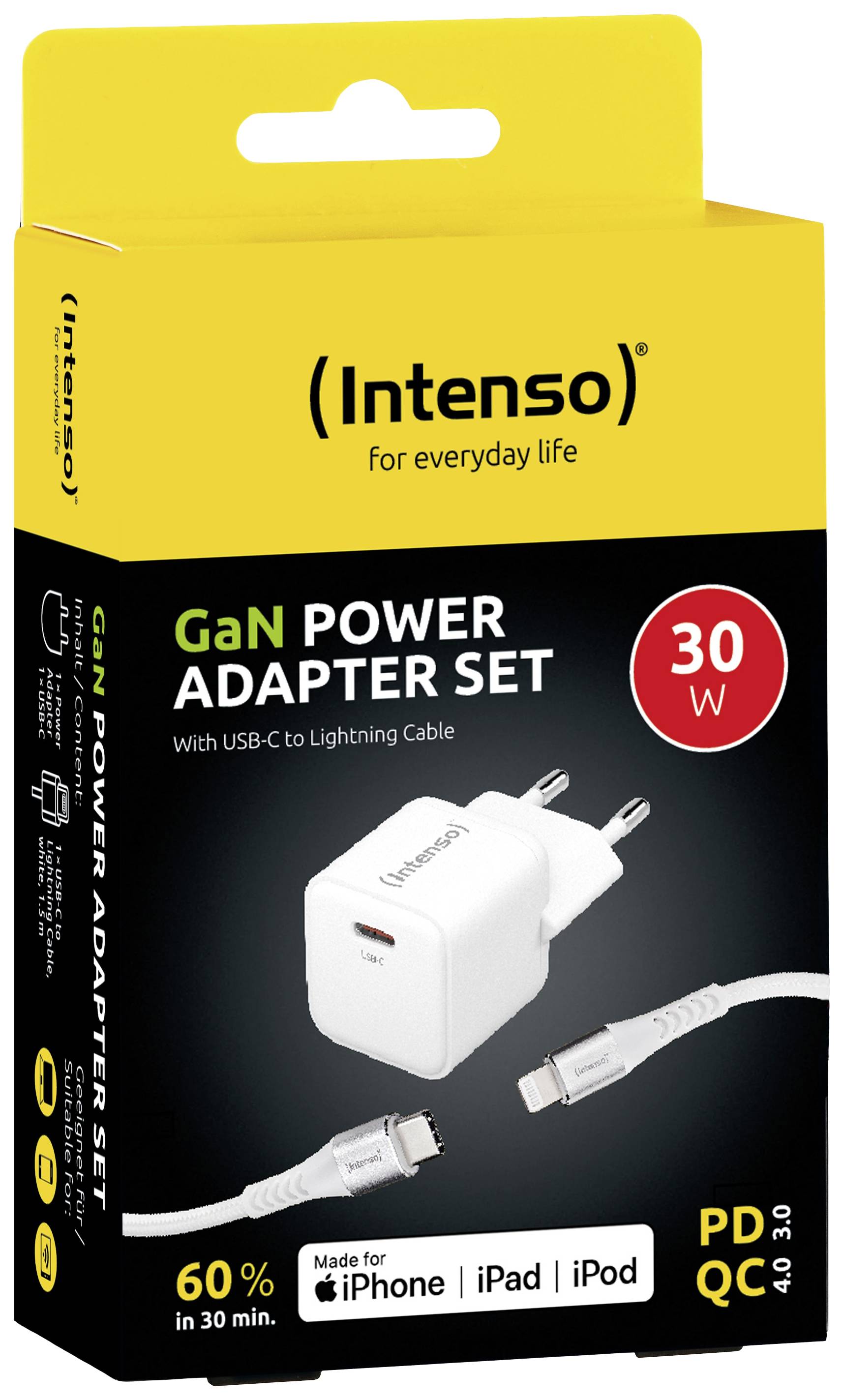 Geel verpakkingsontwerp van een 30W GaN-voedingsadapter-set met USB-C naar Lightning-kabel. Compatibel met iPhone, iPad en iPod.