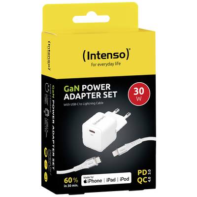 Geel verpakkingsontwerp van een 30W GaN-voedingsadapter-set met USB-C naar Lightning-kabel. Compatibel met iPhone, iPad en iPod.