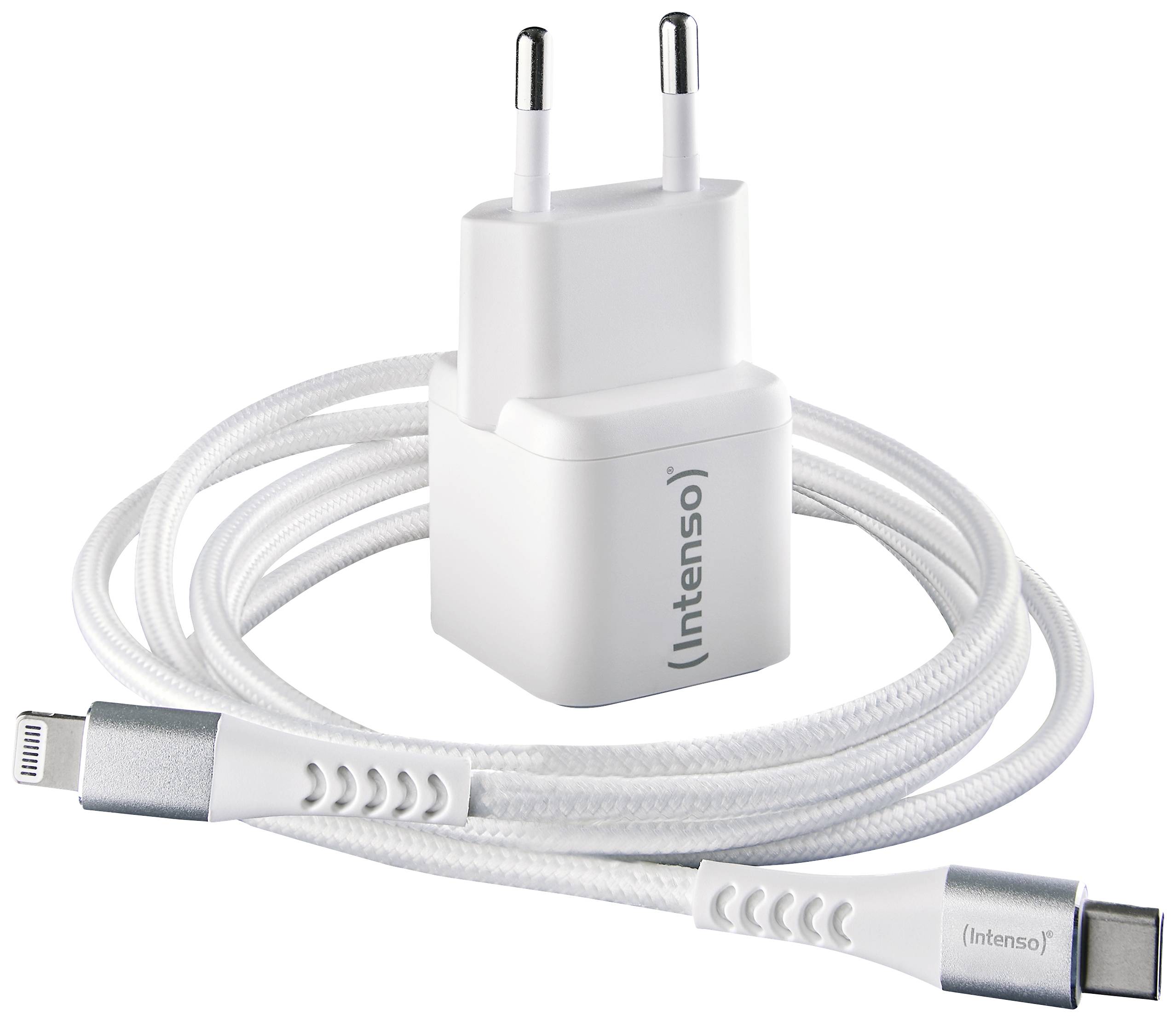 Wit oplader en kabel met 'Intenso'-opdruk, stekker voor EU-stopcontacten. USB-C- en Lightning-aansluitingen op de kabel.