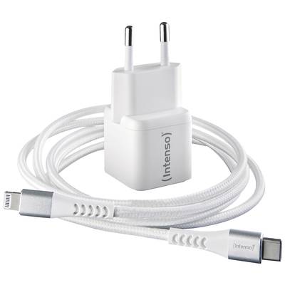 Wit oplader en kabel met 'Intenso'-opdruk, stekker voor EU-stopcontacten. USB-C- en Lightning-aansluitingen op de kabel.