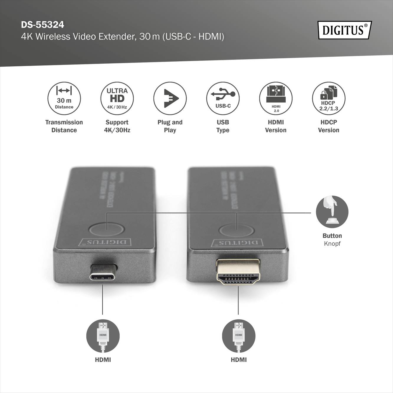 Digitus DS-55324 Draadloze HDMI-set 30 m 3840 x 2160 Pixel Geïntegreerde LED-weergave, Mobiele variant-4