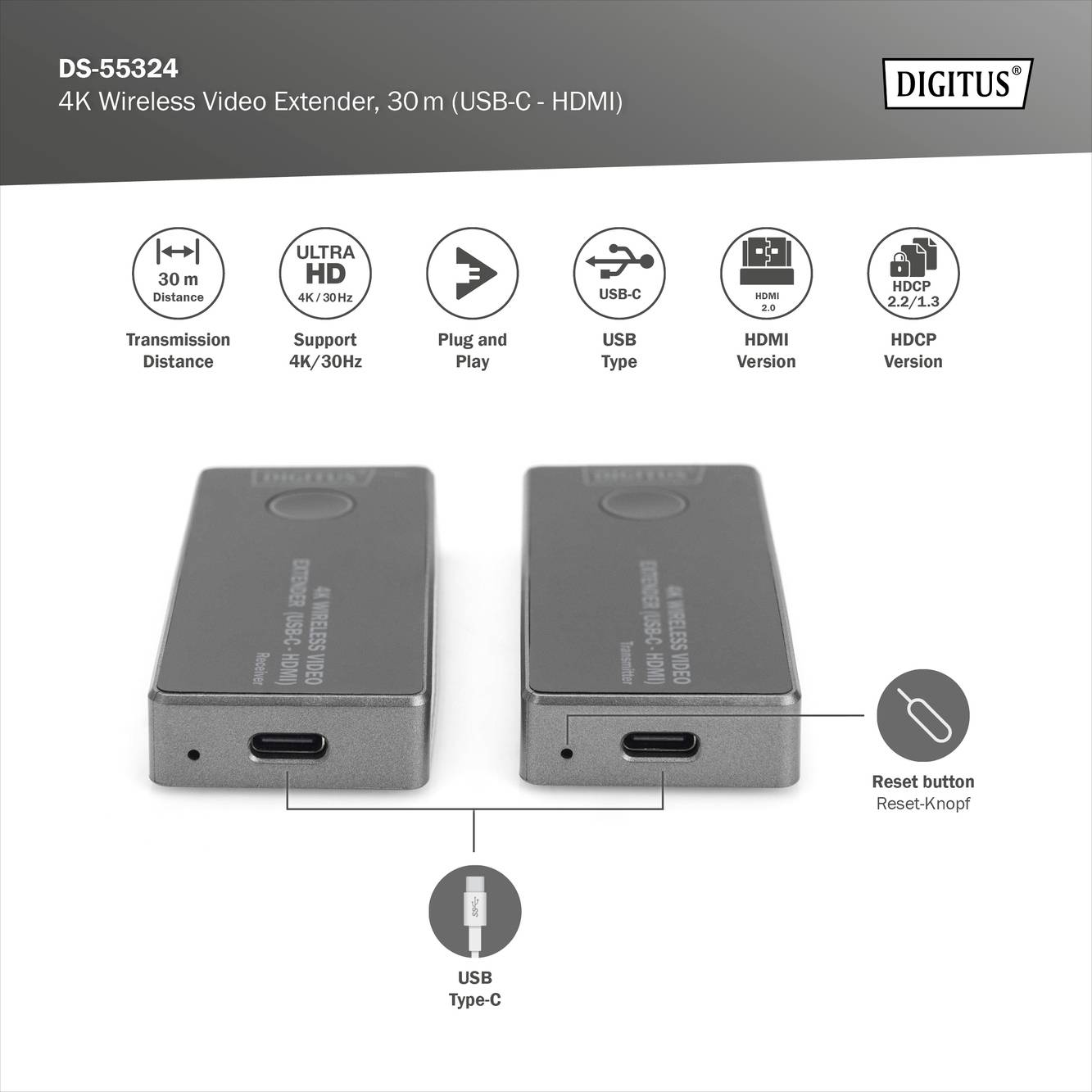 Digitus DS-55324 Draadloze HDMI-set 30 m 3840 x 2160 Pixel Geïntegreerde LED-weergave, Mobiele variant-5