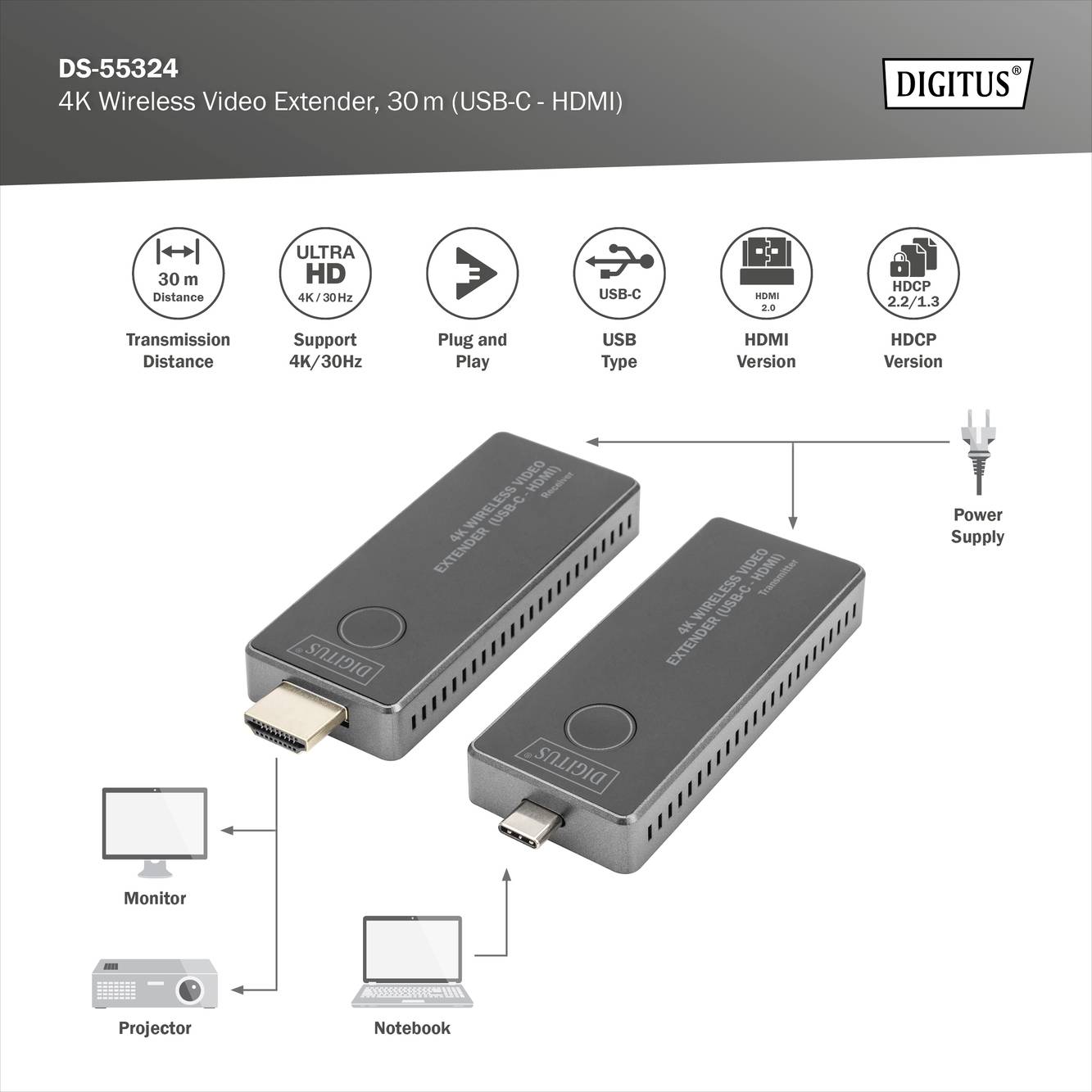 Digitus DS-55324 Draadloze HDMI-set 30 m 3840 x 2160 Pixel Geïntegreerde LED-weergave, Mobiele variant-6