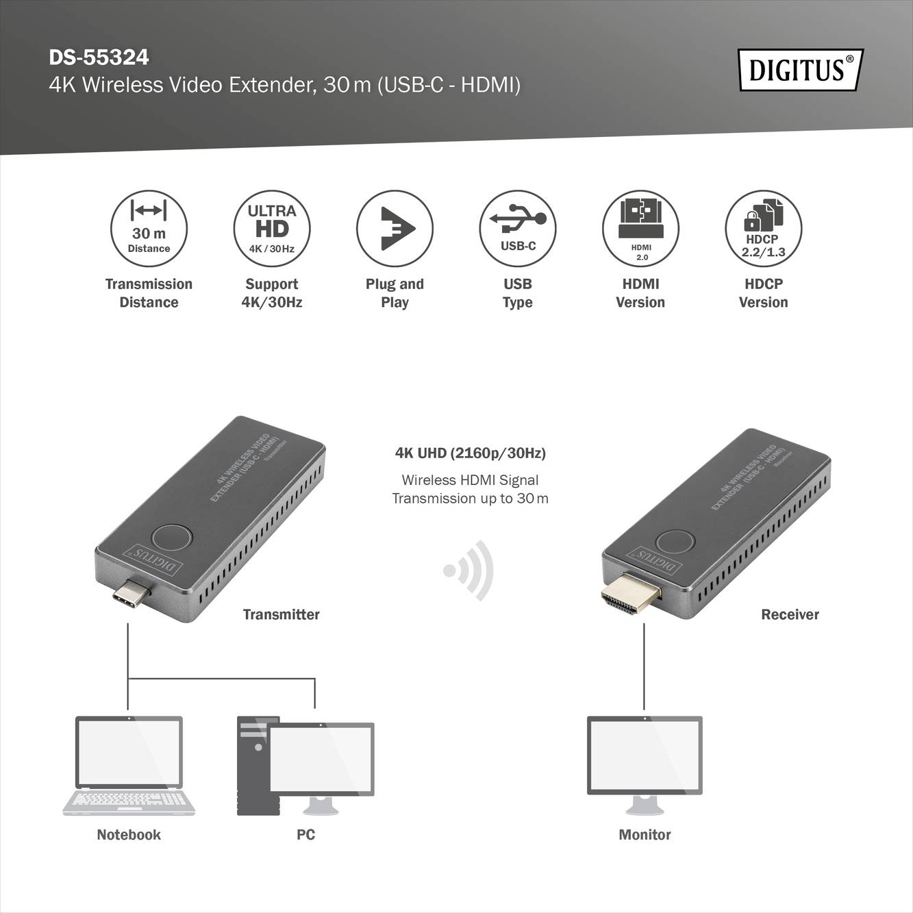 Digitus DS-55324 Draadloze HDMI-set 30 m 3840 x 2160 Pixel Geïntegreerde LED-weergave, Mobiele variant-7