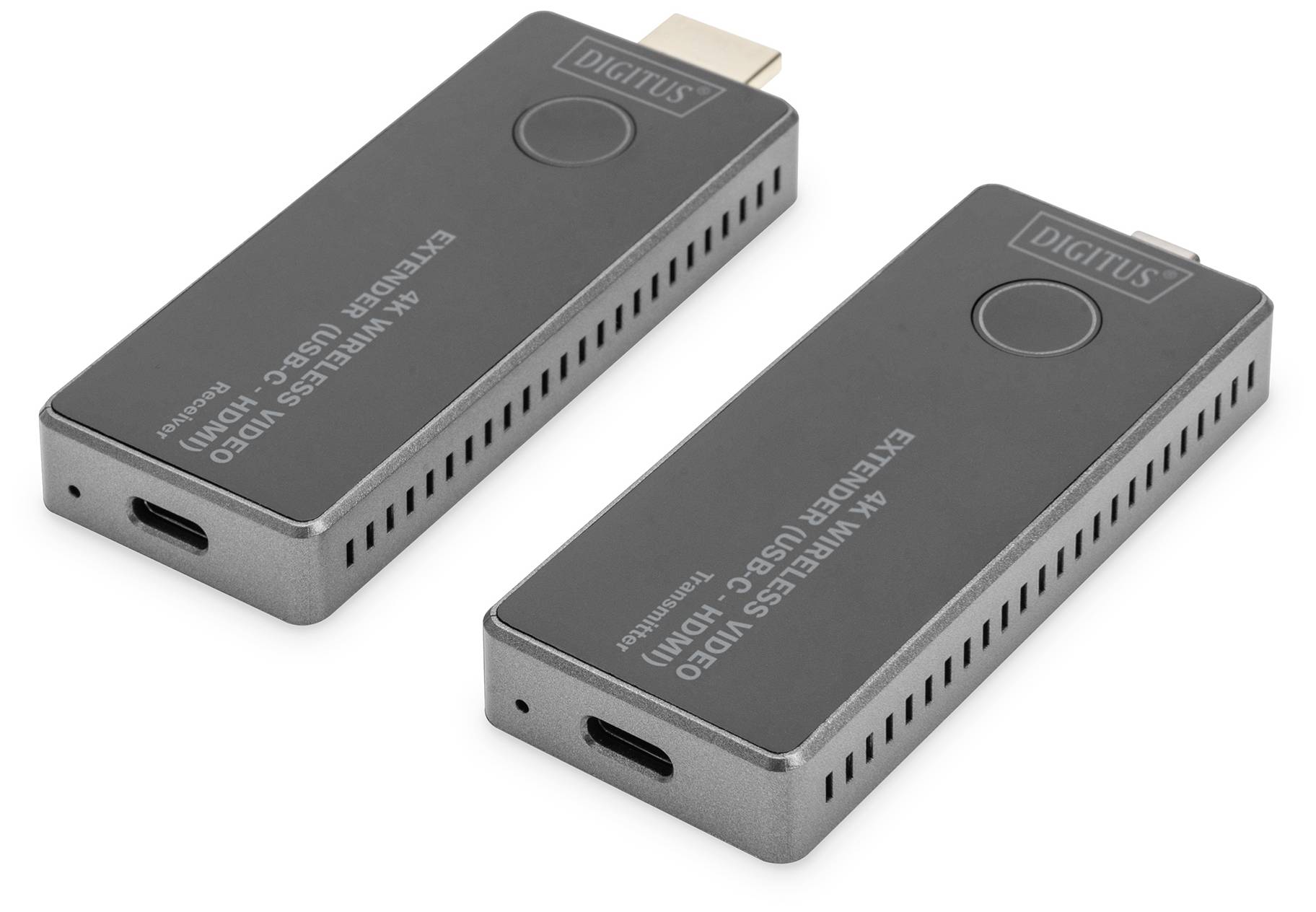 Twee zwarte HDMI-verlengers met merklogo en USB-C-aansluitingen op een witte achtergrond, bedoeld voor de overdracht van 4K-videosignalen.