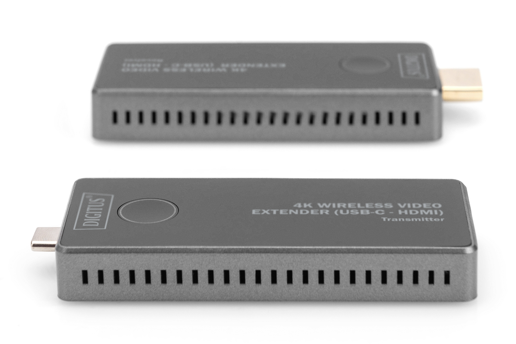 Twee grijze 4K draadloze video-extensies, elk met een HDMI-aansluiting. Het voorste apparaat heeft de opdruk '4K DRAADLOZE VIDEO-EXTENDER (USB-C-HDMI)'.